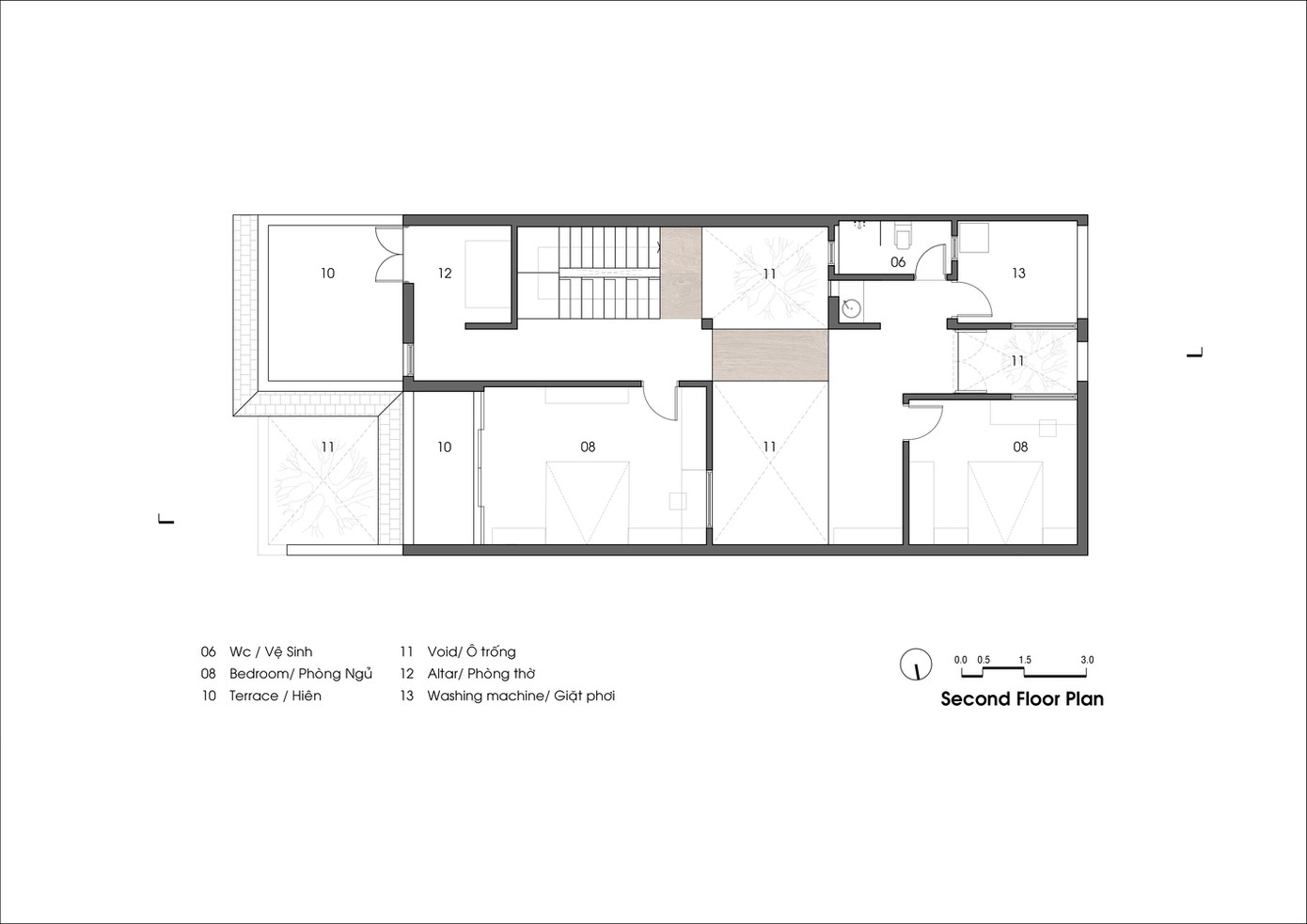 Nhà thiết kế đề xuất giảm diện tích xây dựng để tạo ra nhiều không gian hơn. Từ đây, căn nhà có nhiều vườn và không gian trống, tối đa hóa sự gắn kết giữa các thành viên sống bên trong.