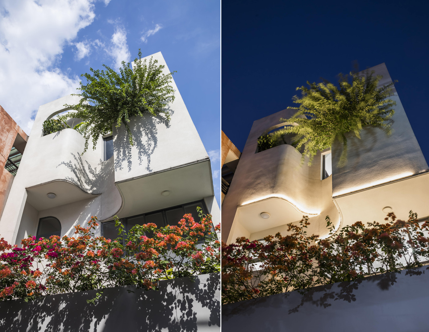 Mặt tiền của ngôi nhà có những mảng tường cong mềm mại.