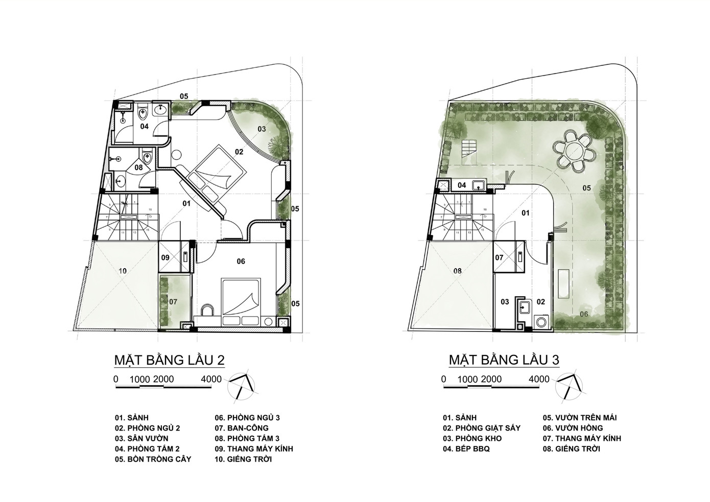 Các yêu cầu thiết kế đã được đáp ứng thông qua hai giải pháp: tối ưu hoá bố trí không gian bên trong một hình khối kiến trúc thích ứng với đặc điểm khu đất và yêu cầu sử dụng; bên cạnh đó, các không gian sân vườn cảnh quan đặc sắc cũng là một định hướng thiết kế chính. Các sơ đồ mặt bằng tối ưu được nghiên cứu để xác định vị trí và hình dáng của các phòng ốc, đồng thời tương tác với các đặc điểm của khu đất, đặc biệt là hình dáng không vuông vắn cùng với góc uốn cong tại ngã ba hẻm. Các yêu cầu thiết kế đã được đáp ứng thông qua hai giải pháp: tối ưu hoá bố trí không gian bên trong một hình khối kiến trúc thích ứng với đặc điểm khu đất và yêu cầu sử dụng; bên cạnh đó, các không gian sân vườn cảnh quan đặc sắc cũng là một định hướng thiết kế chính. Các sơ đồ mặt bằng tối ưu được nghiên cứu để xác định vị trí và hình dáng của các phòng ốc, đồng thời tương tác với các đặc điểm của khu đất, đặc biệt là hình dáng không vuông vắn cùng với góc uốn cong tại ngã ba hẻm.