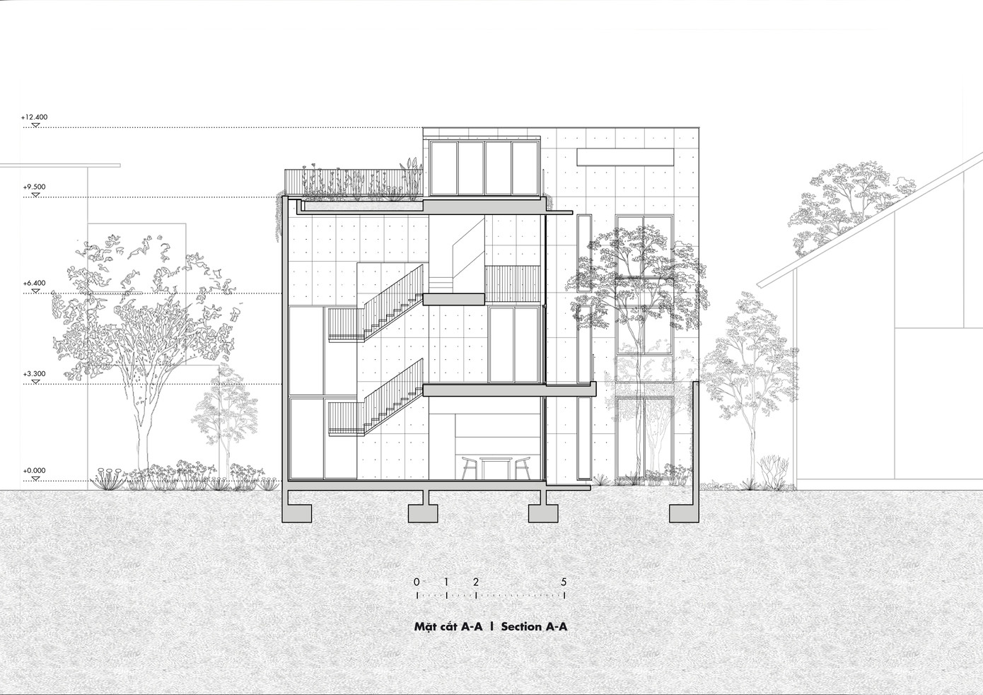 Mặt cắt của ngôi nhà 3 tầng. Mặt cắt của ngôi nhà 3 tầng.