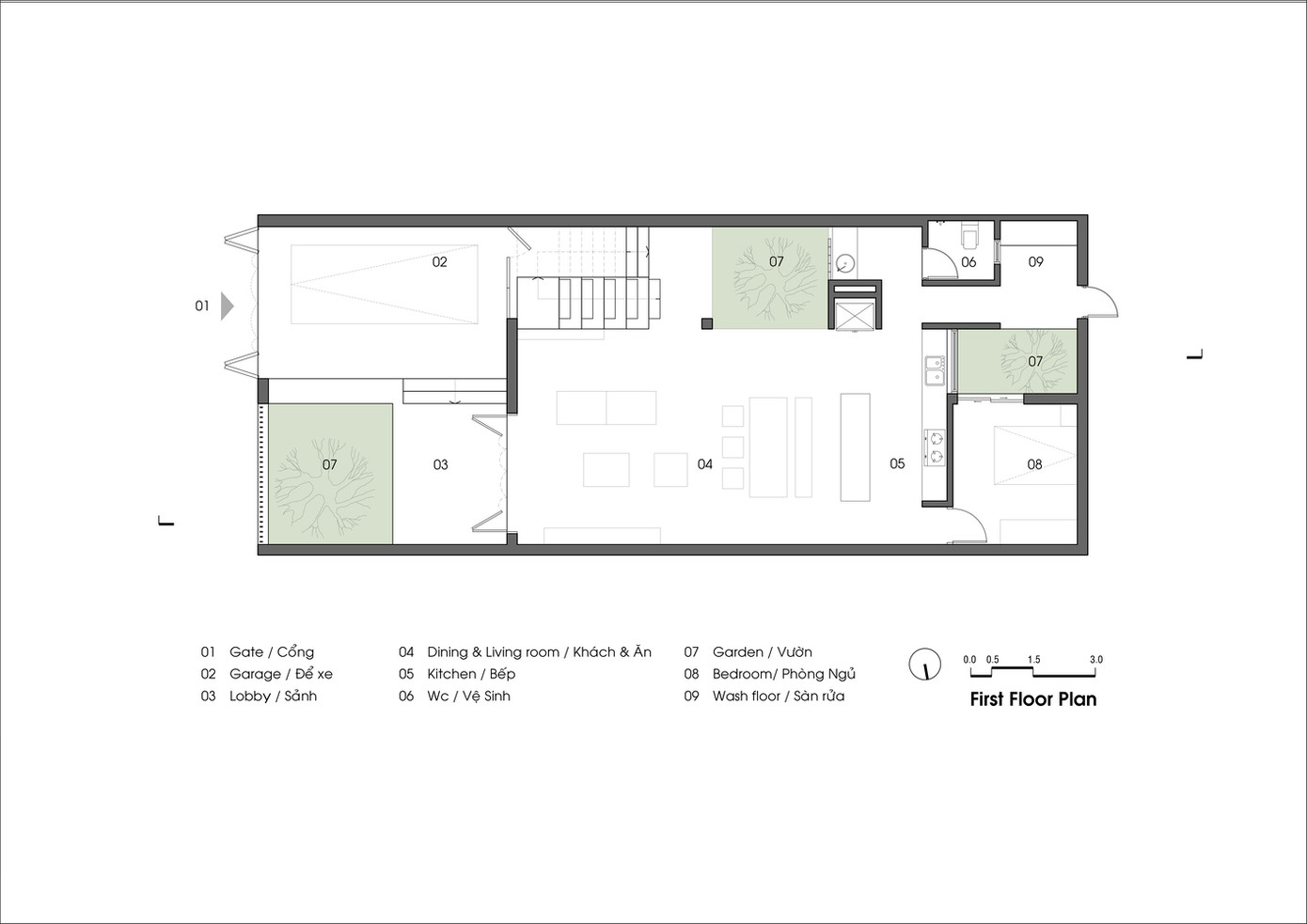 Nhà thiết kế đề xuất giảm diện tích xây dựng để tạo ra nhiều không gian hơn. Từ đây, căn nhà có nhiều vườn và không gian trống, tối đa hóa sự gắn kết giữa các thành viên sống bên trong.