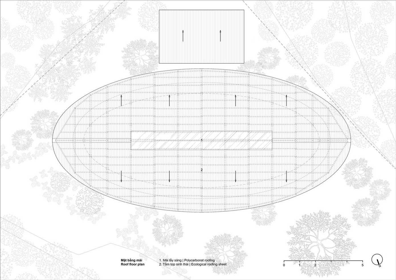 Sàn nhà hình elip tạo nên cảm giác cân bằng và chào đón, là không gian cho những sinh hoạt cộng đồng. Từ đây, người dân có thể nhìn thấy không gian xung quanh. Cấu trúc mái khá đơn giản, dốc ở hai phía, đặt trên một khối hình trụ dạng elip, tạo nên dáng vẻ giống chiếc lá hoặc cánh diều ở giữa vùng núi. Mái mở rộng ra xung quanh, che chắn cho cấu trúc gỗ bên dưới khỏi nắng mưa.