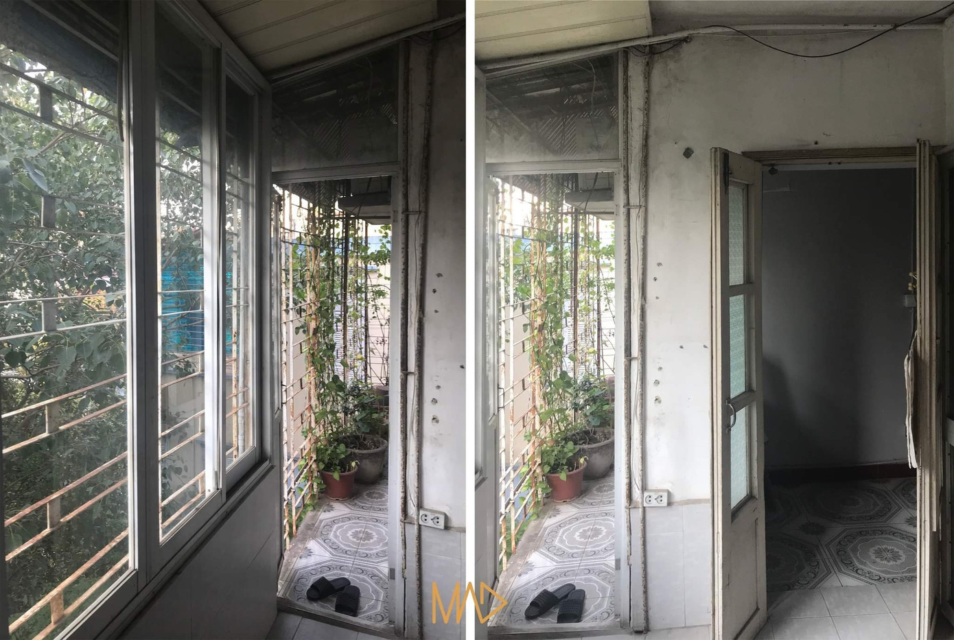 Hình ảnh hiện trạng của căn hộ: Chiếc ban công rất đẹp, phía ngoài cửa sổ còn có tán lá cây tươi mát, nhưng tiếc là bố trí công năng cũ không phù hợp nên không tận dụng được khoảng xanh tuyệt vời ấy.