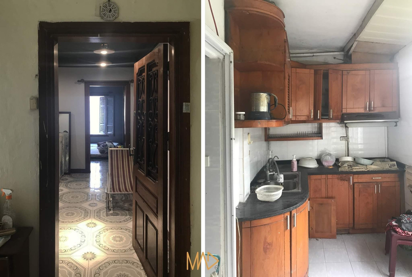 Hình ảnh hiện trạng của căn hộ: Cửa chính - cửa phòng ngủ - cửa sổ thông với nhau thành 1 đường thẳng sẽ gây hút gió rất mạnh, luôn khiến căn nhà bị lạnh vào mùa đông và nực vào mùa hè. Còn không gian bếp quá nhỏ, các hệ tủ kệ cũng đã xộc xệch.