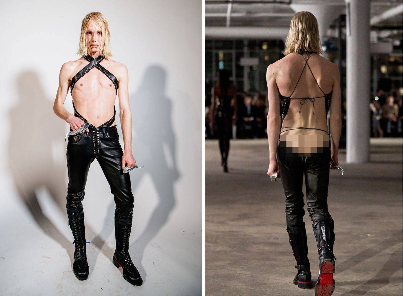 Ludovic De Saint Sernin giới thiệu quần da lộ vòng ba trên sàn catwalk. Ảnh: Gorunway.com. Ludovic De Saint Sernin giới thiệu quần da lộ vòng ba trên sàn catwalk. Ảnh: Gorunway.com.