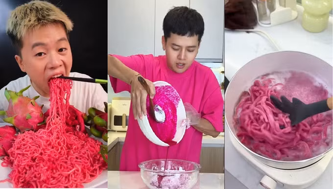 Từ khóa "tự làm mỳ thanh long" trở nên phổ biến trong giới trẻ Việt (Ảnh: Spicy Kim, Bon đây nè, Bear VN).