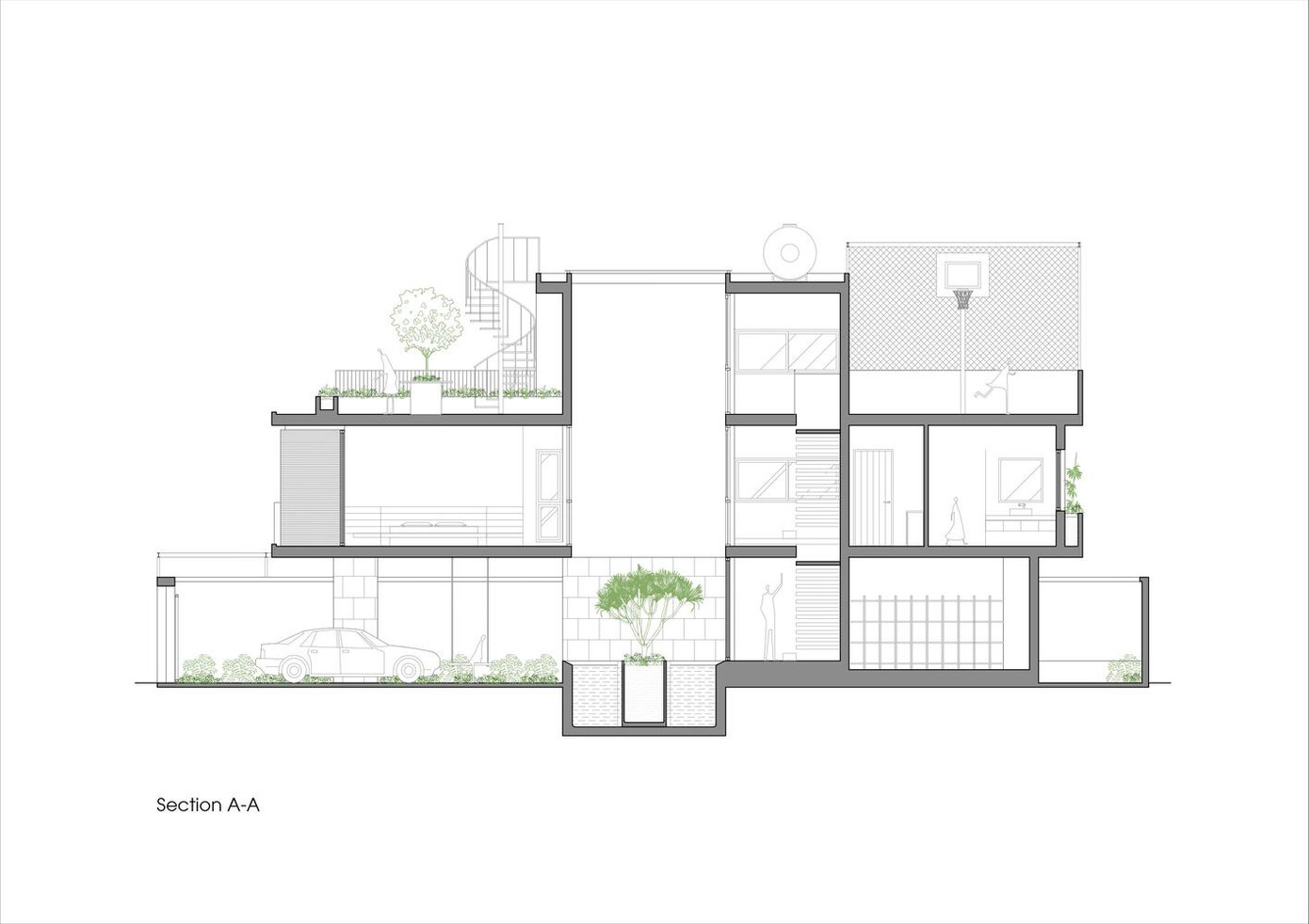 Với lợi thế lô đất rộng 315m2, kiến trúc sư đã tạo khoảng lùi cả 4 mặt, đặc biệt là sân trước và sân sau nhằm tăng hiệu quả đón nắng và thông gió cho không gian.