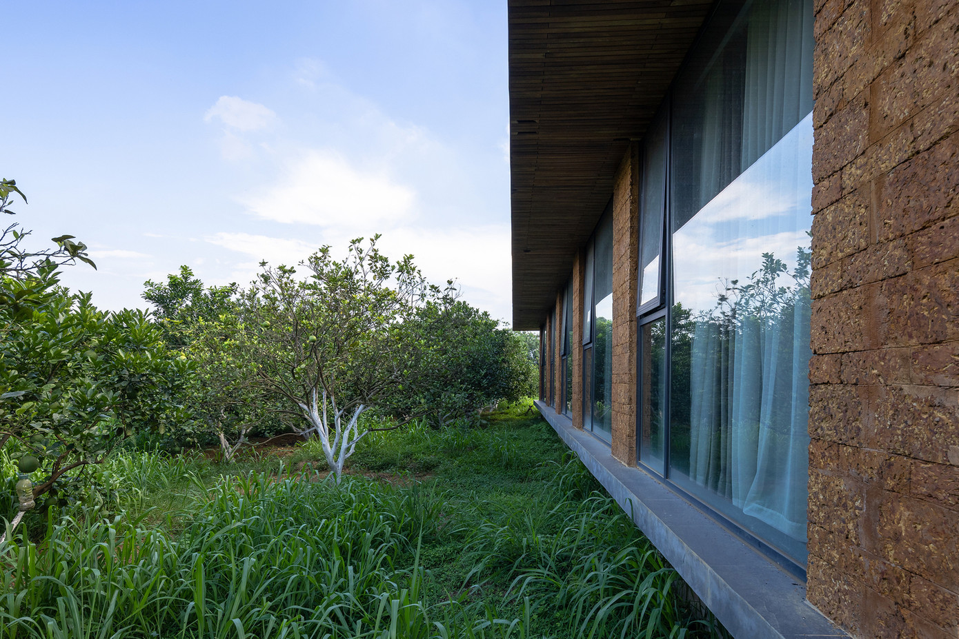 Ngôi nhà sử dụng toàn bộ cửa bằng kính để lấy ánh sáng tự nhiên cho ngôi nhà cũng như để tầm nhìn ra khu vườn xanh mát không bị giới hạn.