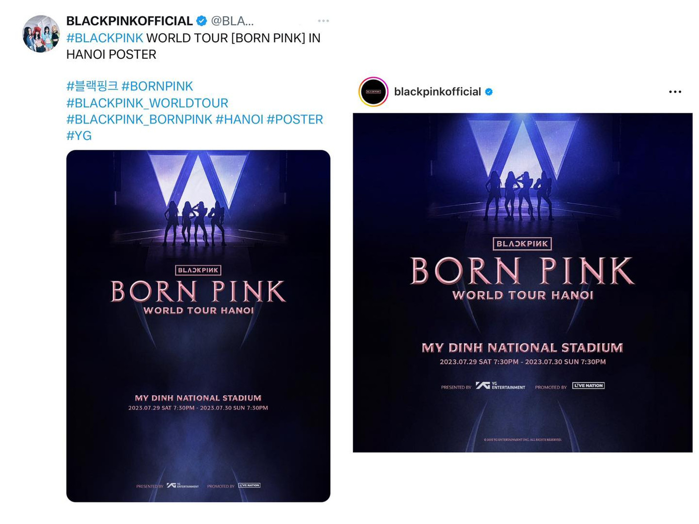 Các trang mạng xã hội chính thức của BLACKPINK đồng loạt xác nhận nhóm nhạc sẽ đến Việt Nam vào ngày 29 - 30/7.