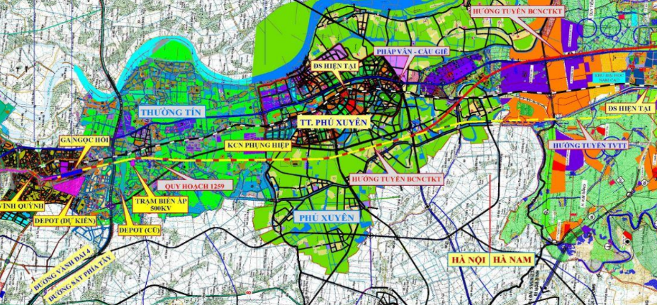 Tuyến đường sắt tốc độ cao qua Hà Nội, Hà Nam (đường màu vàng đỏ). Ảnh: TEDI. Tuyến đường sắt tốc độ cao qua Hà Nội, Hà Nam (đường màu vàng đỏ). Ảnh: TEDI.