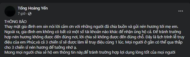 Chị Yến viết thông báo lên trang cá nhân.