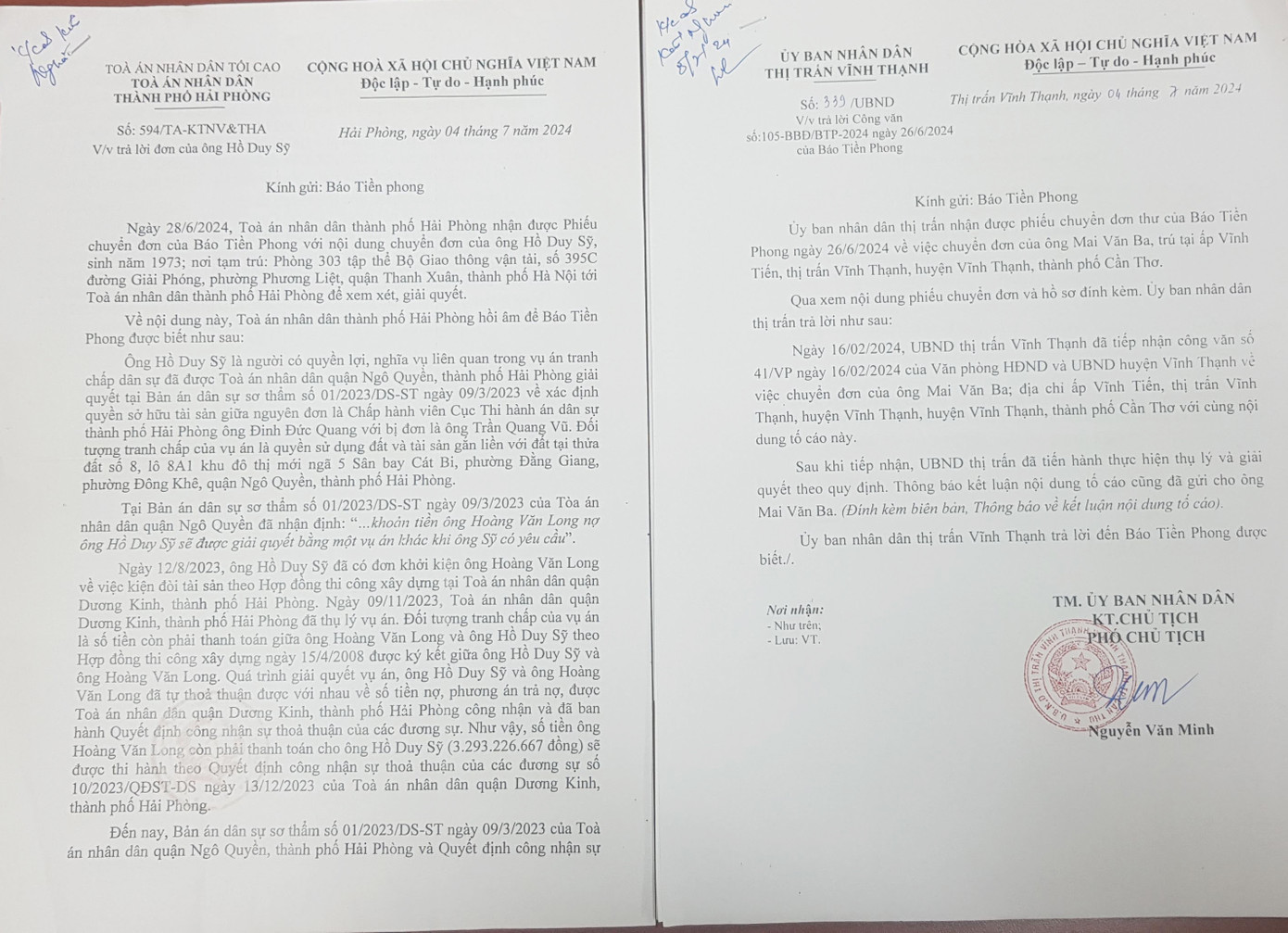 Một số văn bản trả lời báo Tiền Phong của các cơ quan chức năng