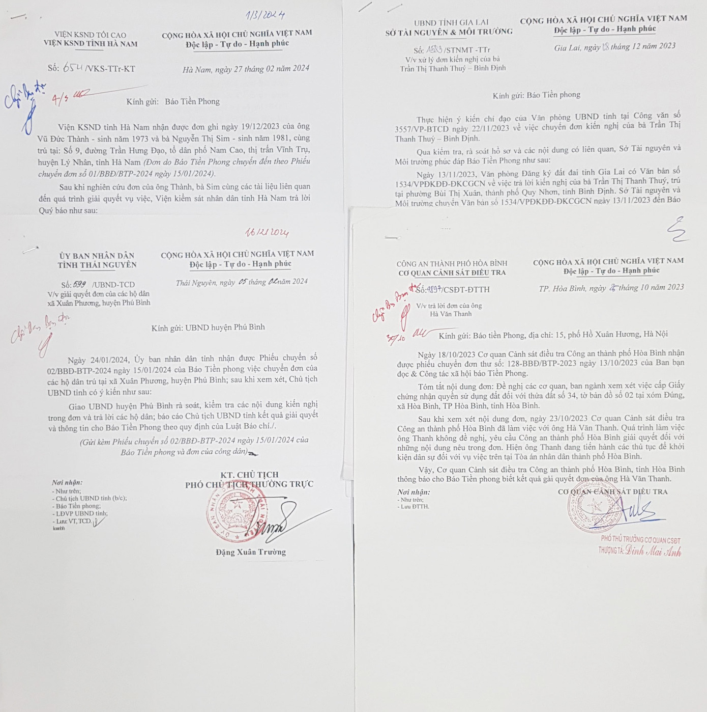 Một số văn bản trả lời báo Tiền Phong của các cơ quan chức năng Một số văn bản trả lời báo Tiền Phong của các cơ quan chức năng