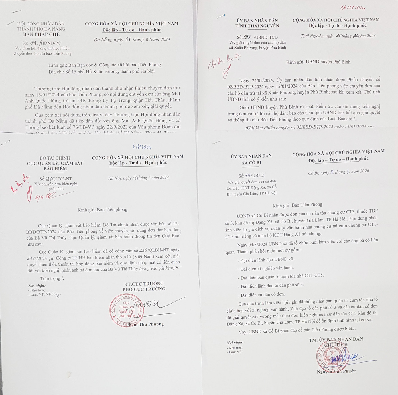 Một số văn bản trả lời báo Tiền Phong của các cơ quan chức năng