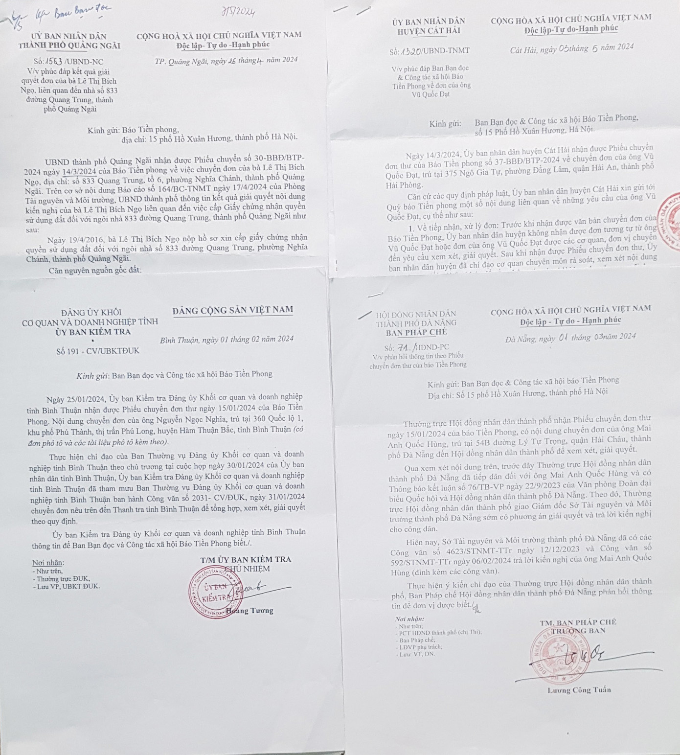 Một số văn bản trả lời báo Tiền Phong của các cơ quan chức năng