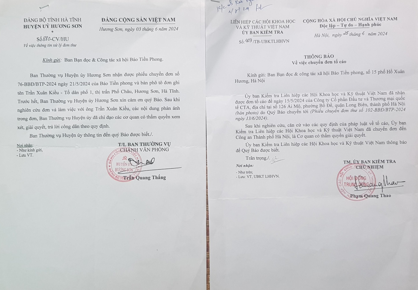 Một số văn bản trả lời báo Tiền Phong của các cơ quan chức năng