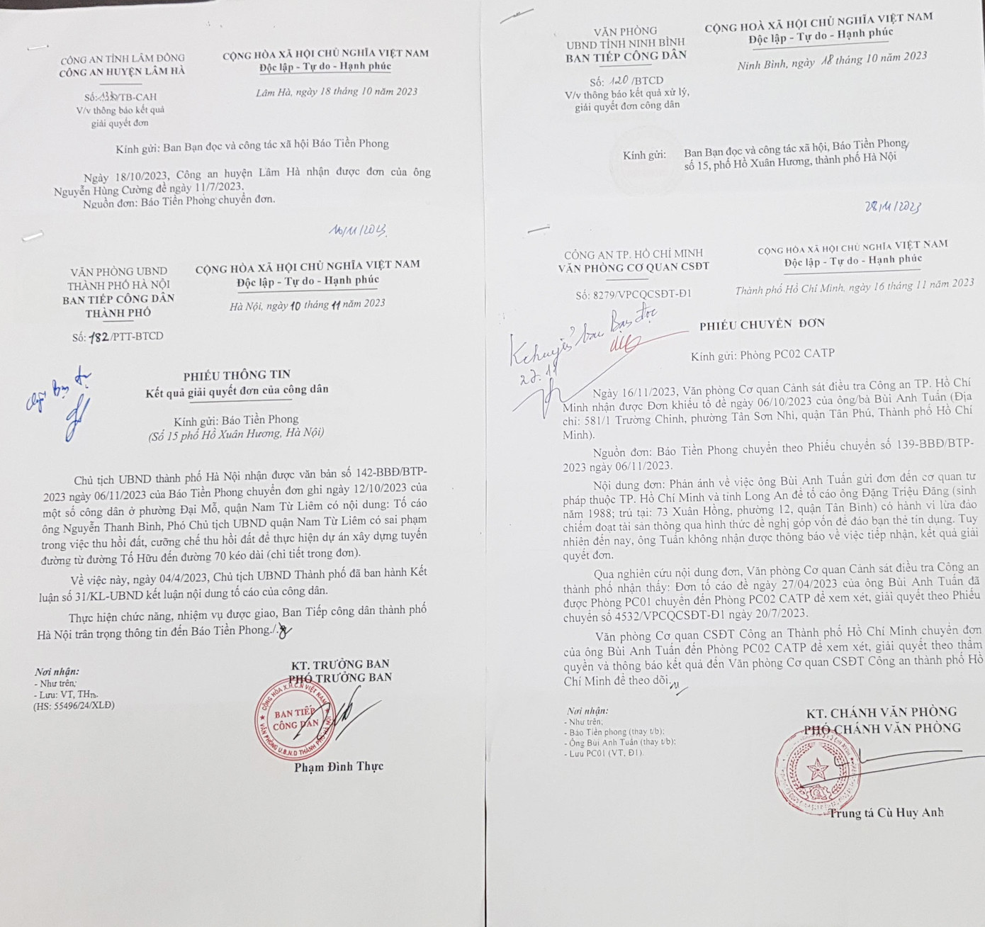 Một số văn bản trả lời báo Tiền Phong của các cơ quan chức năng Một số văn bản trả lời báo Tiền Phong của các cơ quan chức năng