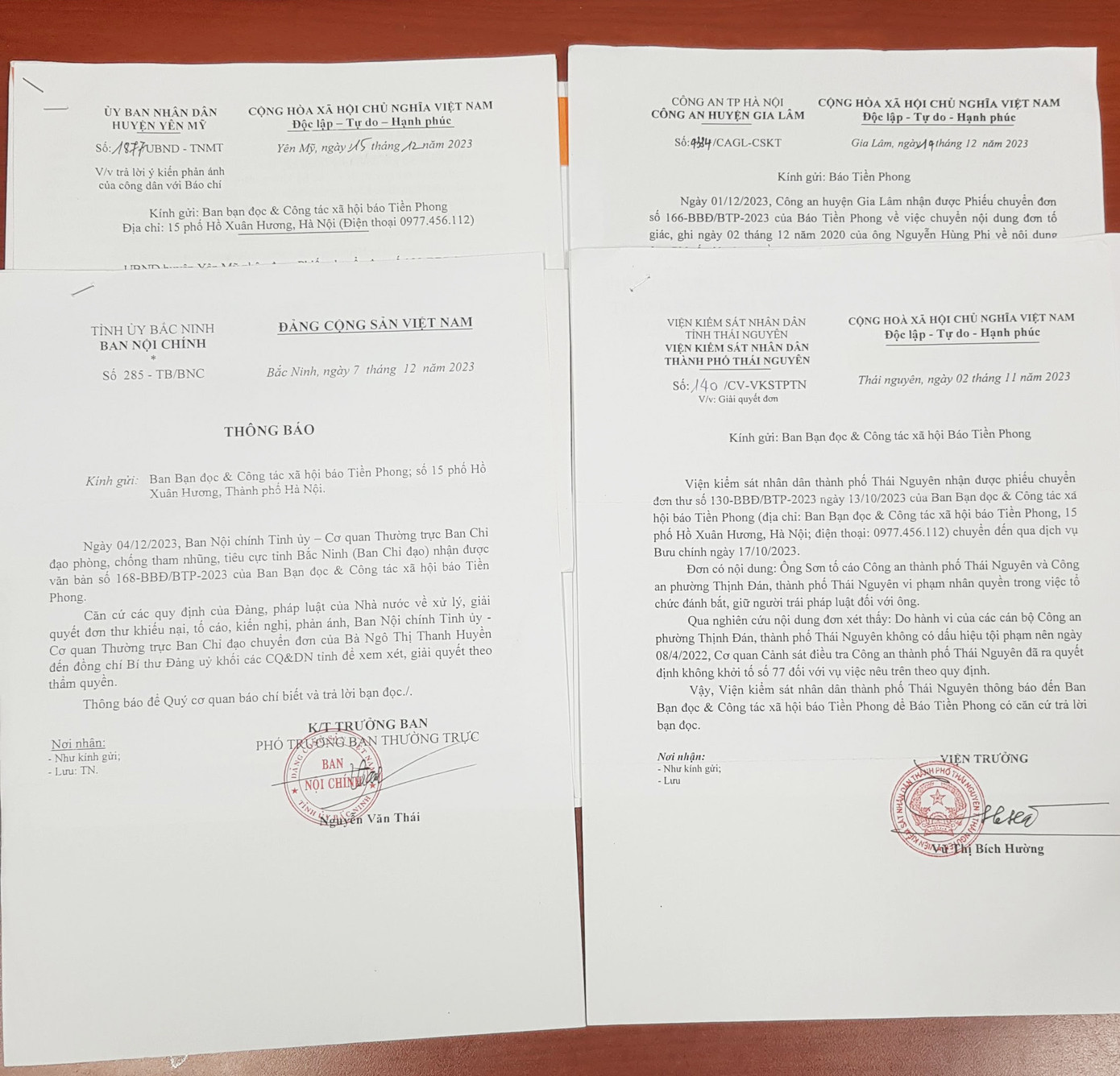 Một số văn bản trả lời báo Tiền Phong của các cơ quan chức năng