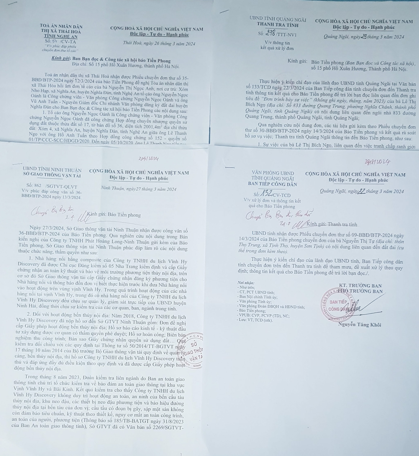 Một số văn bản trả lời báo Tiền Phong của các cơ quan chức năng Một số văn bản trả lời báo Tiền Phong của các cơ quan chức năng