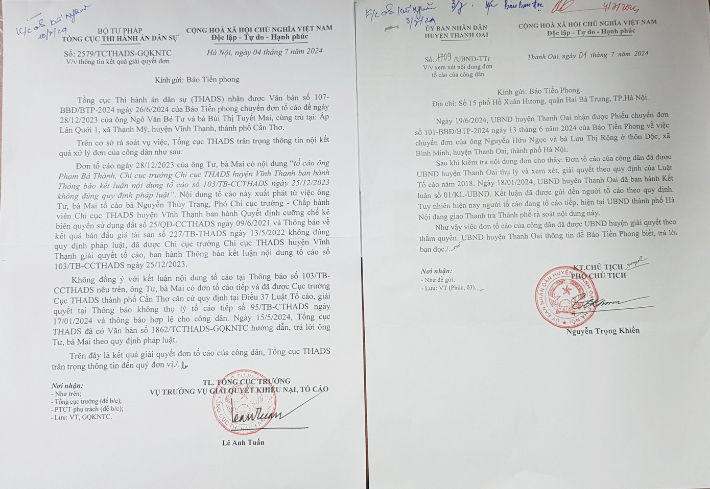 Một số văn bản trả lời báo Tiền Phong của các cơ quan chức năng Một số văn bản trả lời báo Tiền Phong của các cơ quan chức năng