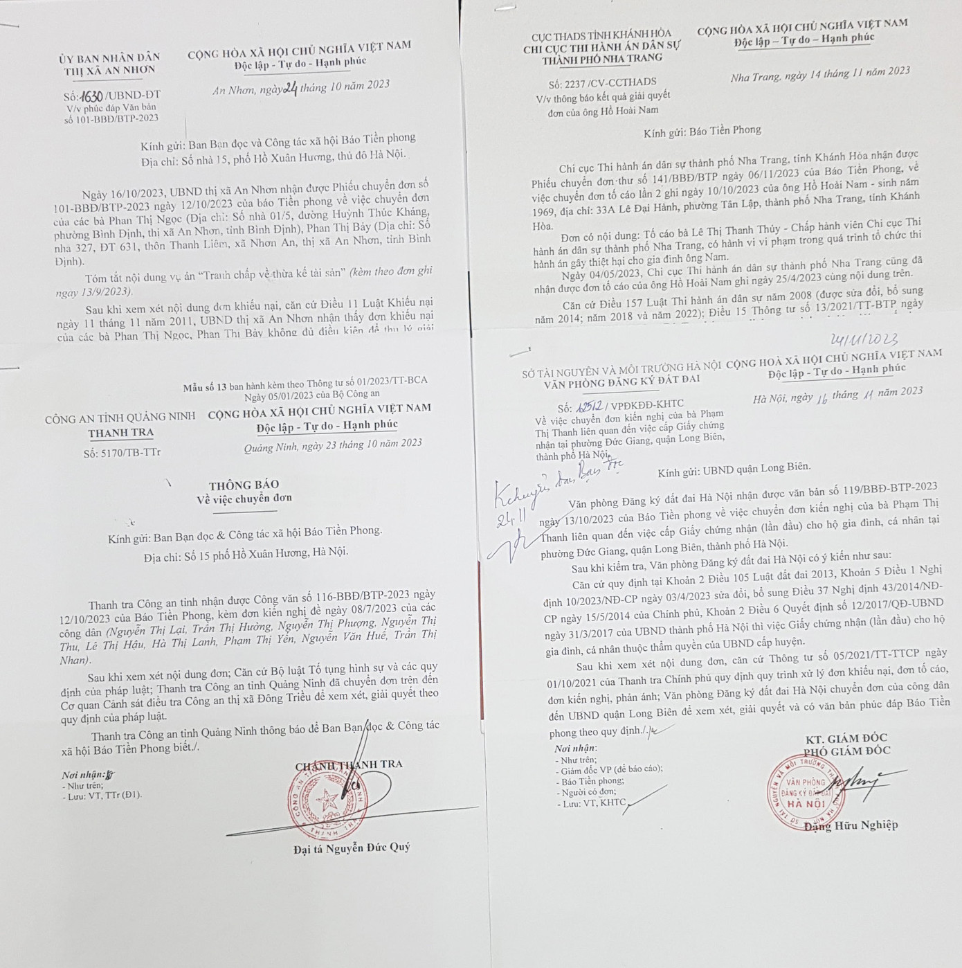 Một số văn bản trả lời báo Tiền Phong của các cơ quan chức năng