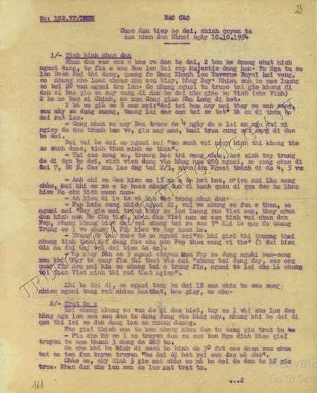 Báo cáo của Ban Chấp hành Đảng bộ Hà Nội về cuộc đón tiếp bộ đội, chính quyền ta của nhân dân Hà Nội ngày 10/10/1954.