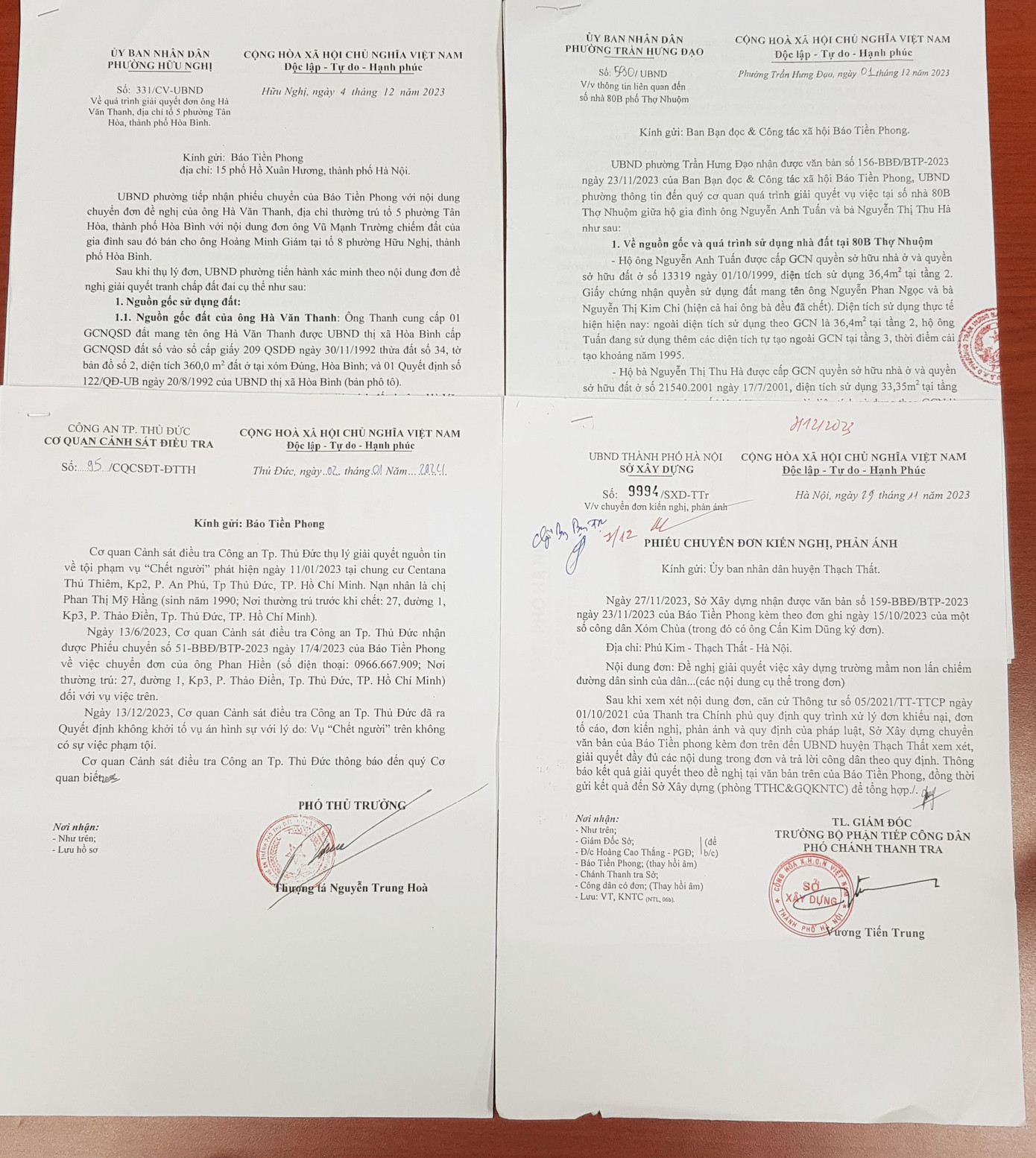 Một số văn bản trả lời báo Tiền Phong của các cơ quan chức năng