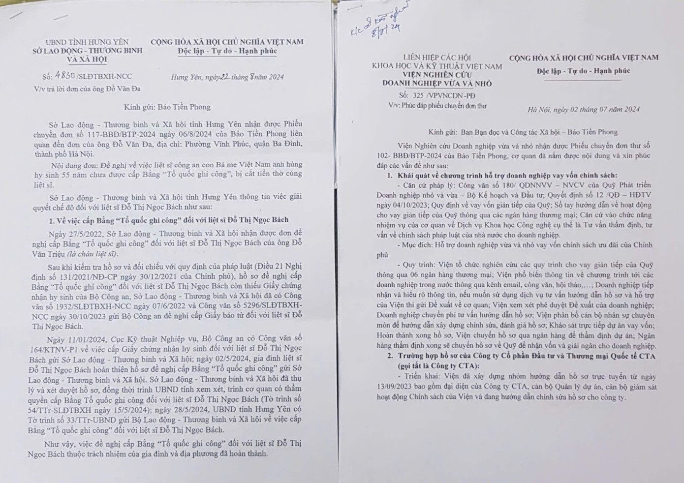 Một số văn bản trả lời báo Tiền Phong của các cơ quan chức năng
