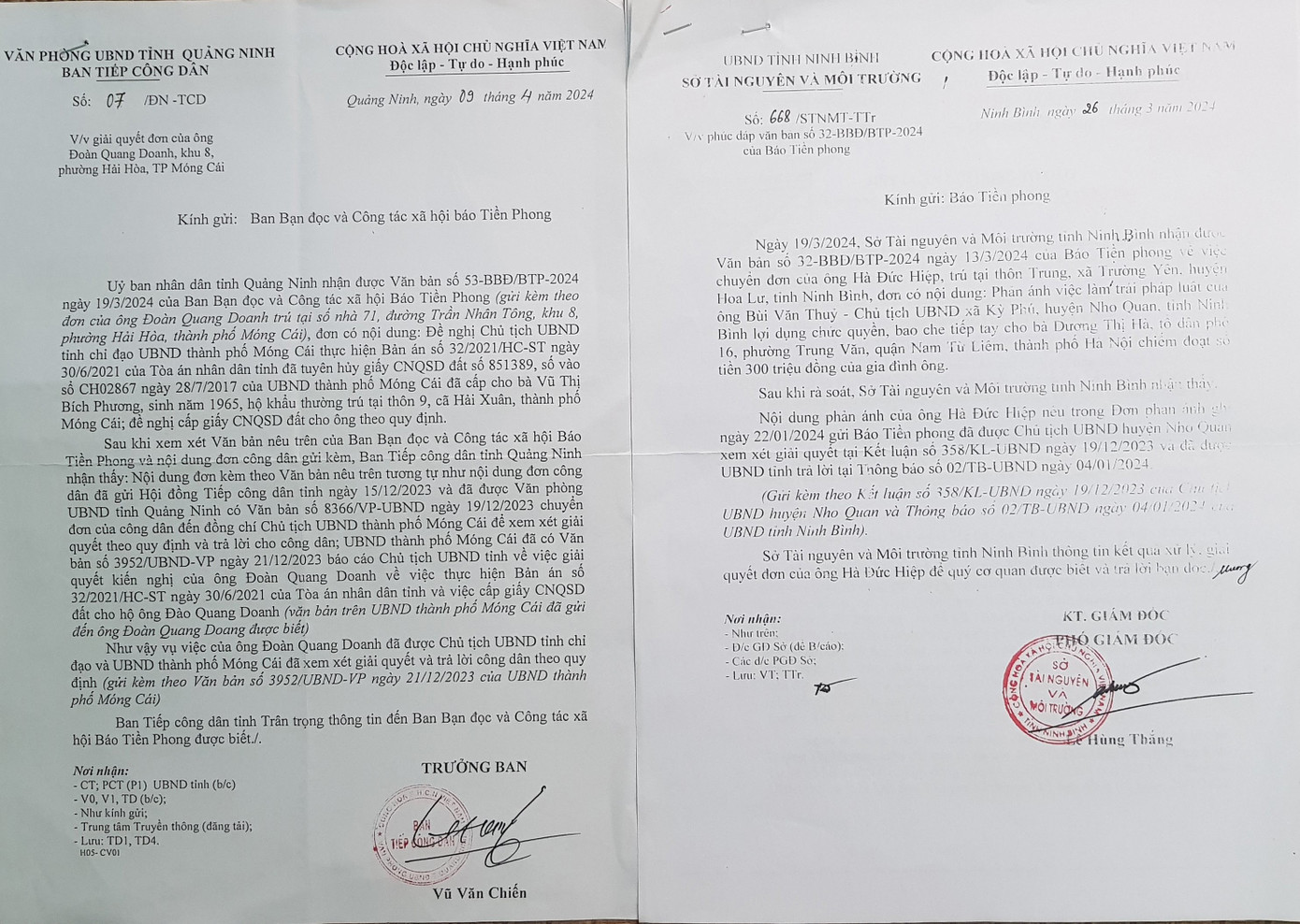 Một số văn bản trả lời báo Tiền Phong của các cơ quan chức năng