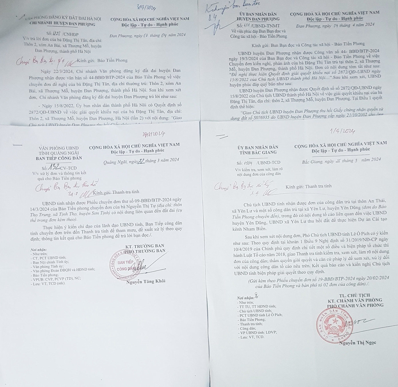 Một số văn bản trả lời báo Tiền Phong của các cơ quan chức năng