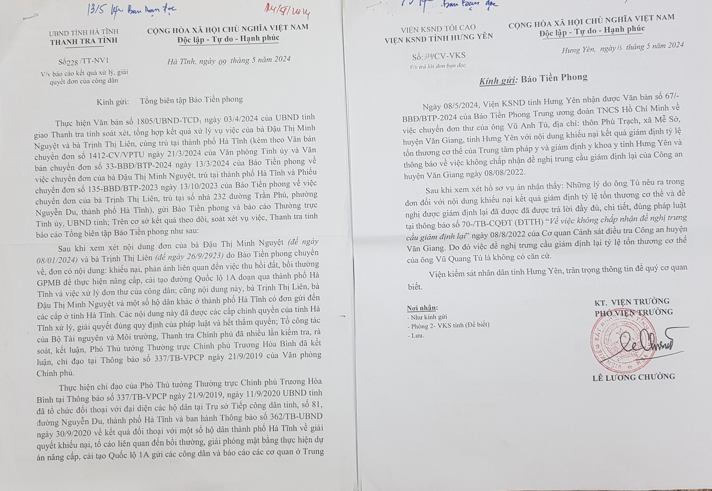 Một số văn bản trả lời báo Tiền Phong của các cơ quan chức năng