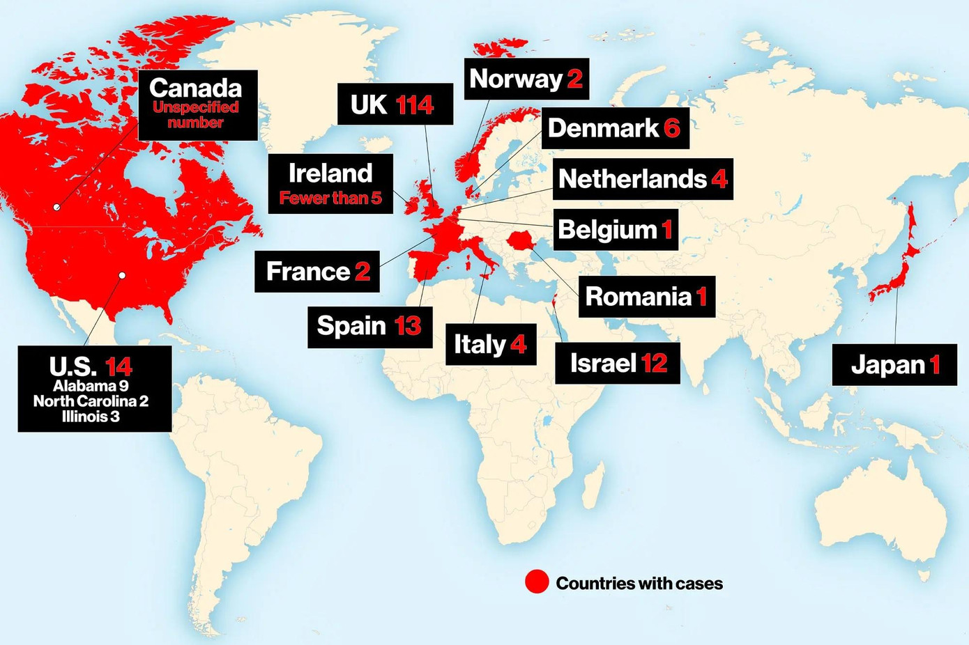 Các nước đã ghi nhận ca bệnh viêm gan nặng không rõ nguyên nhân ở trẻ em. Đồ họa: New York Post. Các nước đã ghi nhận ca bệnh viêm gan nặng không rõ nguyên nhân ở trẻ em. Đồ họa: New York Post.