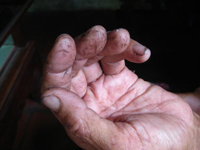 Đào phi từ năm 13 tuổi, đến giờ bà Phi đã có hơn 50 năm trong nghề. Những ngón tay của bà chi chít vết sẹo do lưỡi phi cứa. Ảnh: Hoàng Phương