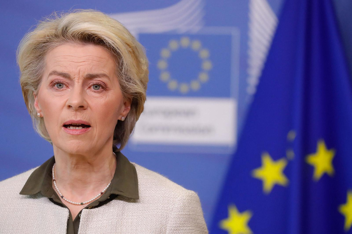 Chủ tịch Ủy ban châu Âu Ursula von der Leyen tham dự một cuộc họp báo tại trụ sở Ủy ban châu Âu (EU) ở Brussels hôm 27/2. Bà nói EU muốn Ukraine gia nhập khối này. Ảnh: Getty Images.