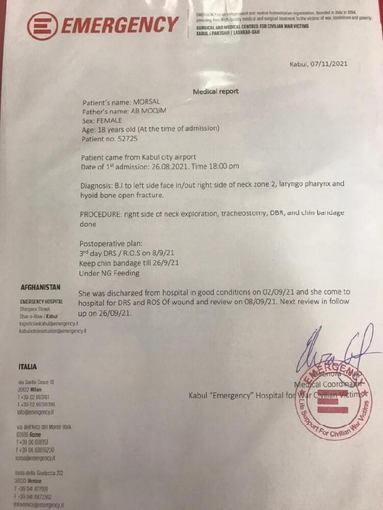 Báo cáo y tế này từ Trung tâm Phẫu thuật khẩn cấp do Ý điều hành ở Kabul chẩn đoán Morsal có “B.I.” - vết thương do đạn bắn - ở bên trái khuôn mặt cô ấy. Ảnh: Trung tâm cung cấp.
