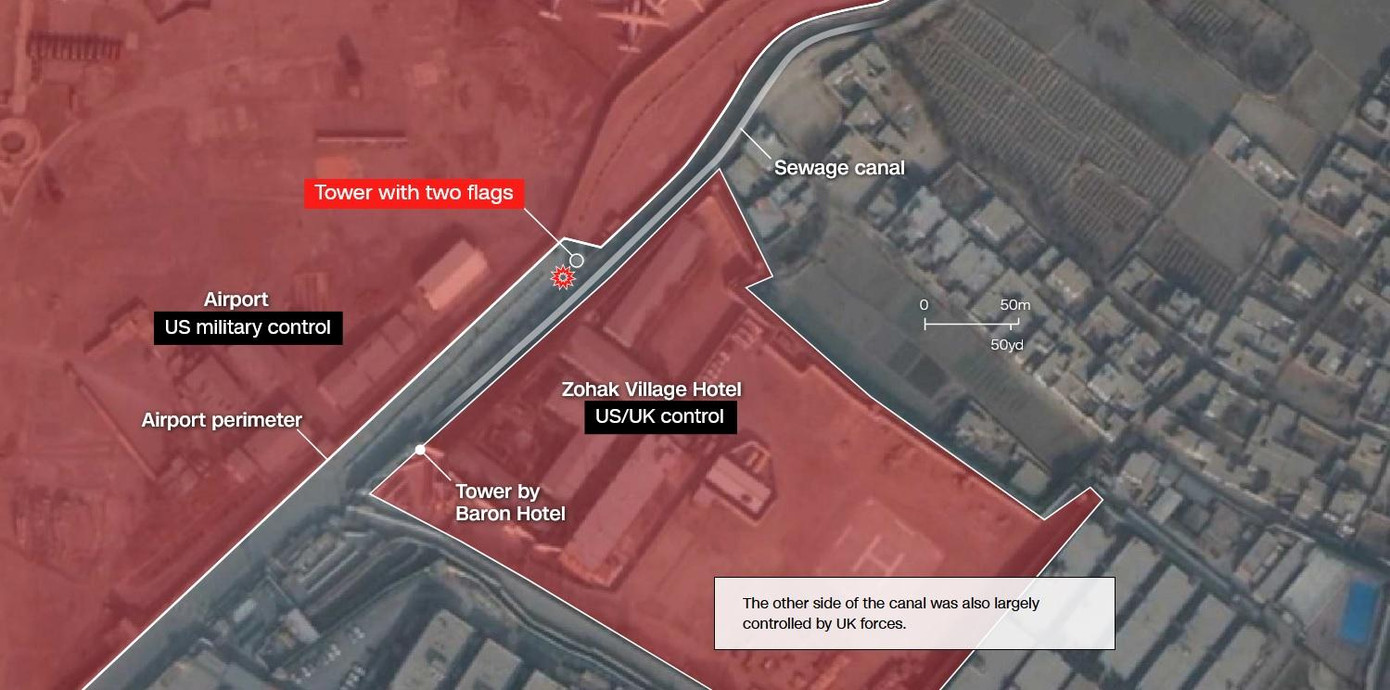 Các khu vực do lực lượng Mỹ và Anh kiểm soát sát sân bay Kabul. Nguồn: CNN.