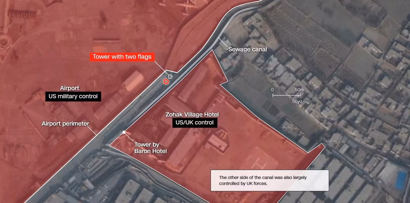Các khu vực do lực lượng Mỹ và Anh kiểm soát sát sân bay Kabul. Nguồn: CNN.