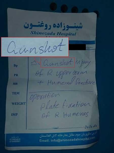 Báo cáo y tế này nói rằng bệnh nhân bị thương do đạn bắn vào cánh tay phải. Ảnh: Bệnh viện cung cấp.