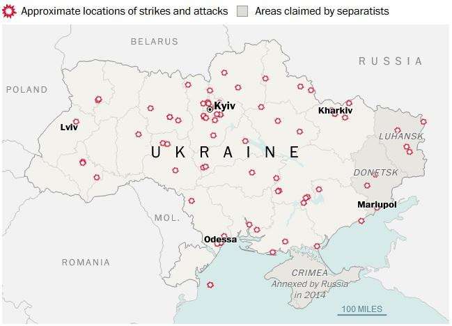 Điểm đỏ là vị trí tương đối của các vụ tấn công ở Ukraine 2 ngày qua. Đồ họa: Washington Post.
