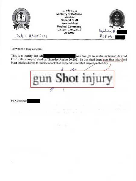 Giấy chứng tử này ghi rằng Mohammad chết do "vết thương vì đạn bắn và vết thương do vụ nổ" Ảnh: Bệnh viện cung cấp.