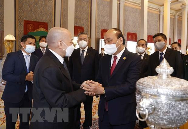 Chủ tịch nước Nguyễn Xuân Phúc và Quốc vương Campuchia Norodom Sihamoni. (Ảnh: Thống Nhất/TTXVN)