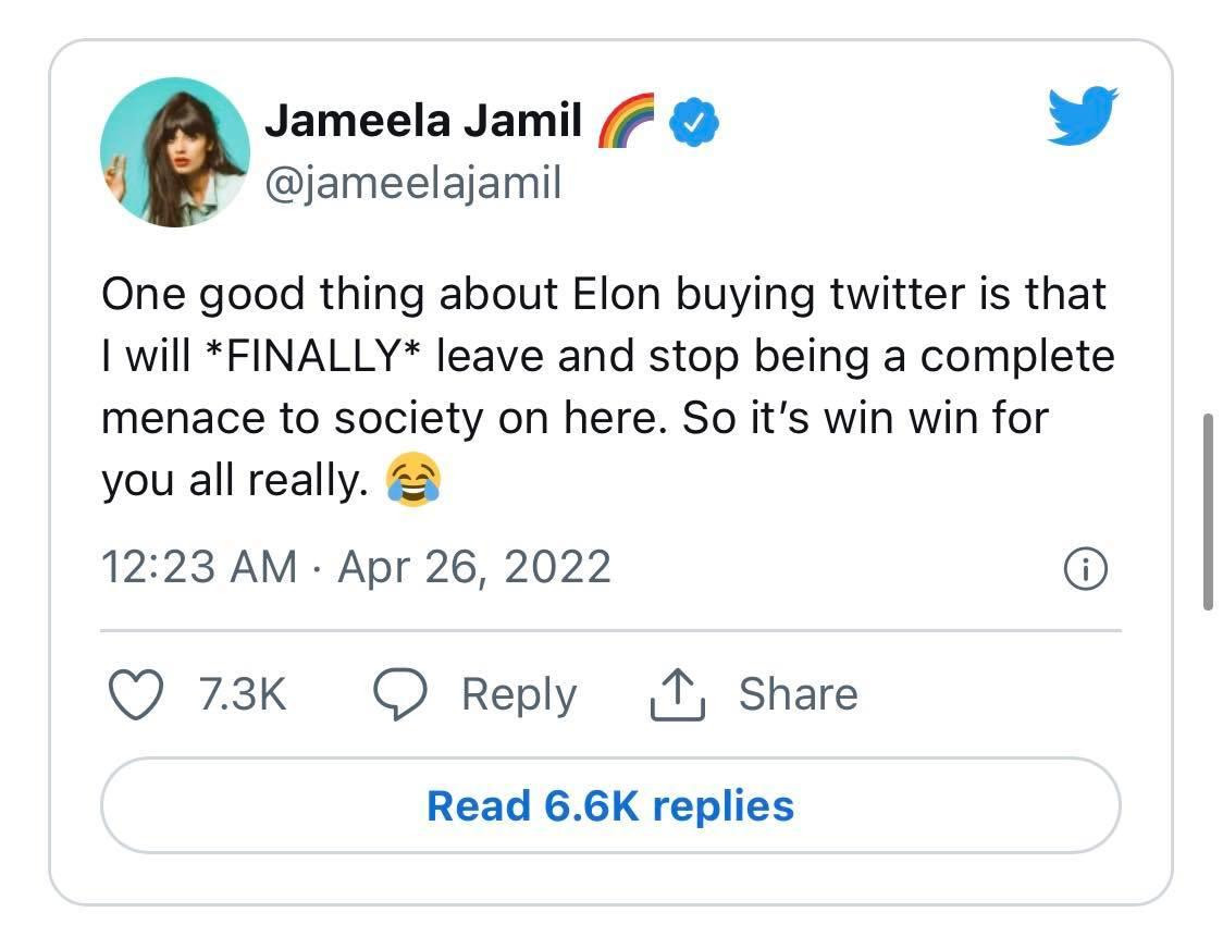 Jameela Jamil chia sẻ quan điểm trên Twitter trước khi rời mạng xã hội này Jameela Jamil chia sẻ quan điểm trên Twitter trước khi rời mạng xã hội này