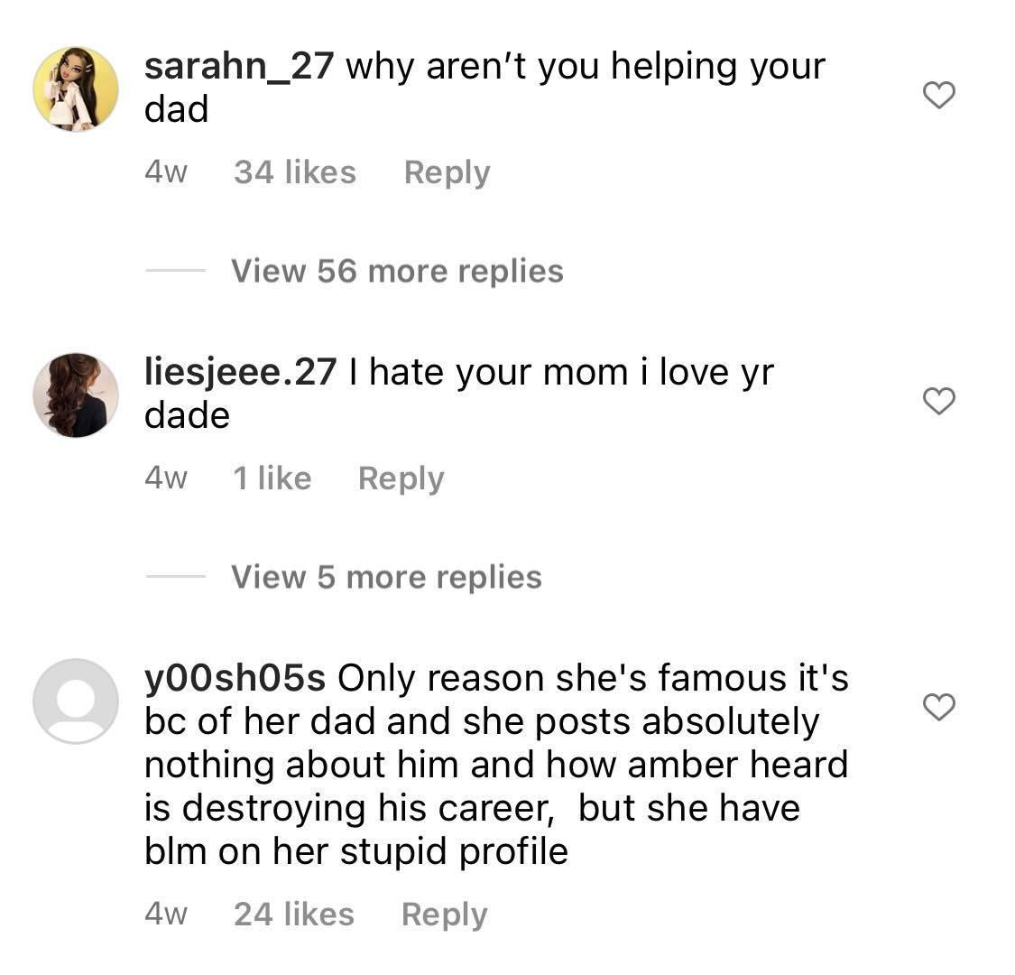 Những bình luận công kích dưới bài đăng gần đây trên Instagram của Lily cho rằng cô núp bóng bố để nổi tiếng và chỉ trích Lily đã không đăng về Johnny Depp