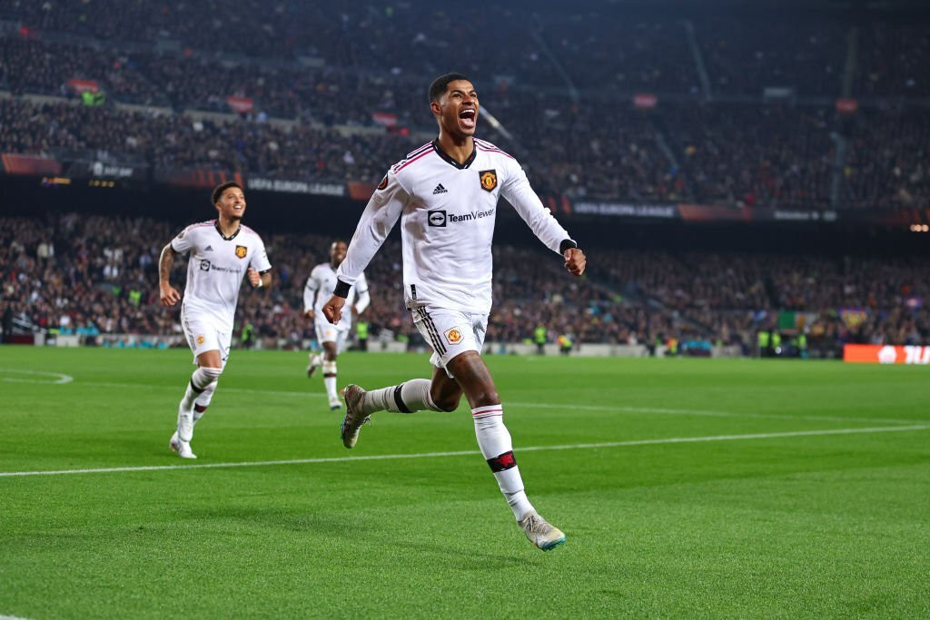 Rashford ăn mừng bàn thắng vào lưới Barca. Rashford ăn mừng bàn thắng vào lưới Barca.