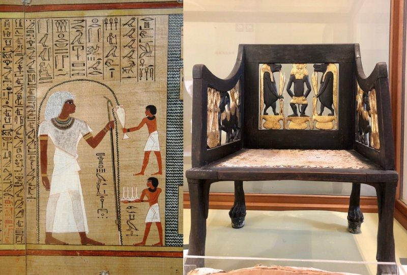 Chiếc ghế mạ vàng và hình ảnh trong Cuốn sách của người chết được tìm thấy trong lăng mộ Yuya và Tjuyu