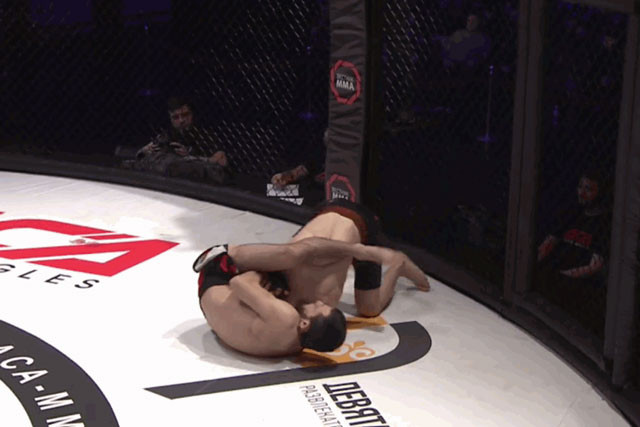 Ali Malsagov hạ gục đối thủ bằng đòn hiểm. Ali Malsagov hạ gục đối thủ bằng đòn hiểm.