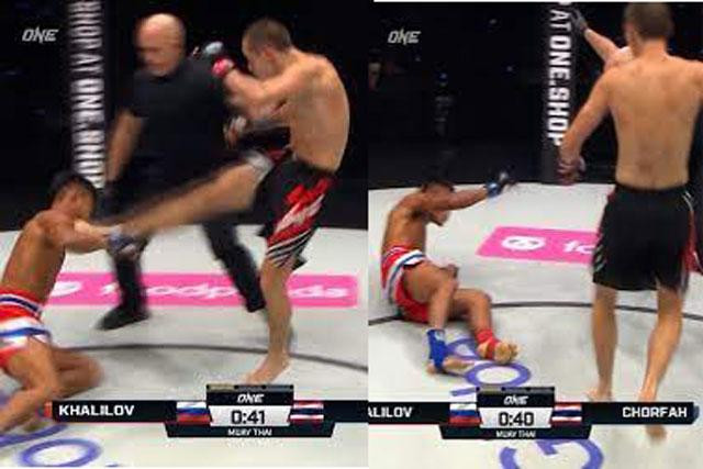 Tagir Khalilov tung cú đá trúng đầu Sangtiannoi. Tagir Khalilov tung cú đá trúng đầu Sangtiannoi.