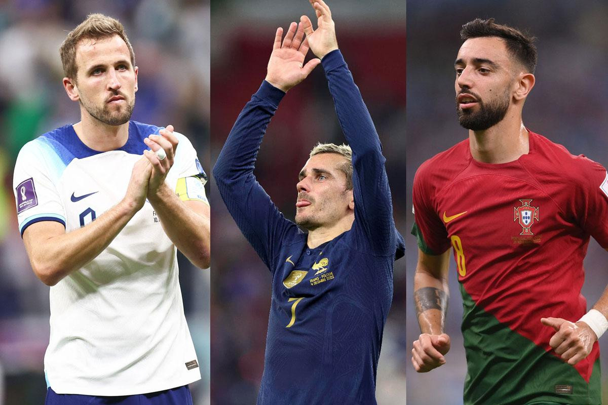 Harry Kane, Griezmann và Bruno Fernandes (từ trái sang) đang là những "chân chuyền" xuất sắc nhất World Cup 2022. Harry Kane, Griezmann và Bruno Fernandes (từ trái sang) đang là những "chân chuyền" xuất sắc nhất World Cup 2022.
