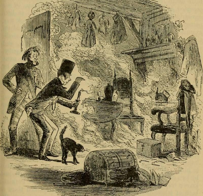 Hình minh họa từ ấn bản năm 1895 của tác phẩm "Ngôi nhà ảm đạm" do tác giả Charles Dickens chấp bút mô tả việc phát hiện thi thể tự bốc cháy của nhân vật Krook - một tay buôn nghiện rượu.