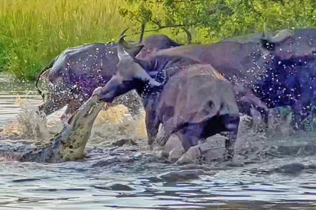Với trọng lượng lên tới gần 1 tấn và sức khỏe vượt trội, con trâu rừng đã nhấc bổng chú cá sấu lên khỏi mặt nước dù bị kẻ săn mồi cắn vào mũi.